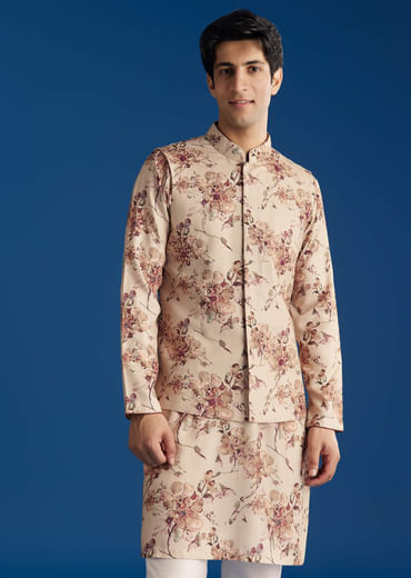 Beige Silk Pashmina Threadwork Kurta Jacket Set With Sequins