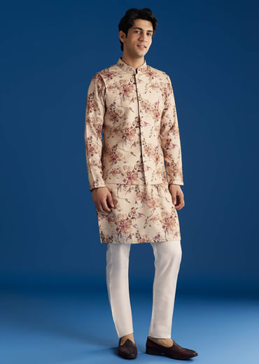 Beige Silk Pashmina Threadwork Kurta Jacket Set With Sequins