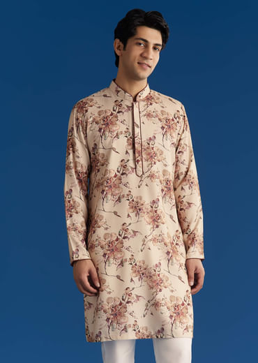 Beige Silk Pashmina Threadwork Kurta Jacket Set With Sequins