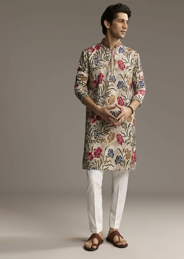 Beige Silk Printed Designer Kurta For Men With Floral Print