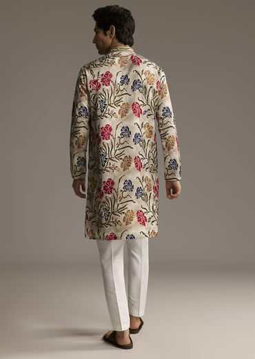 Beige Silk Printed Designer Kurta For Men With Floral Print