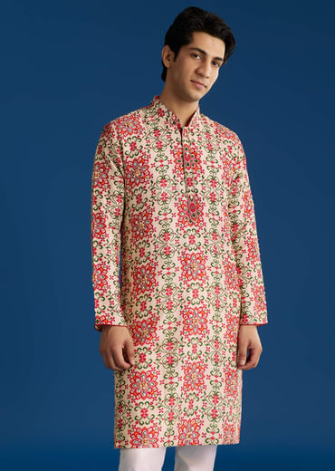 Beige Silk Stone Cutdana Embroidered Kurta Set