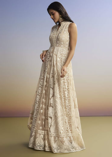 Beige Threadwork Anarkali With Dupatta