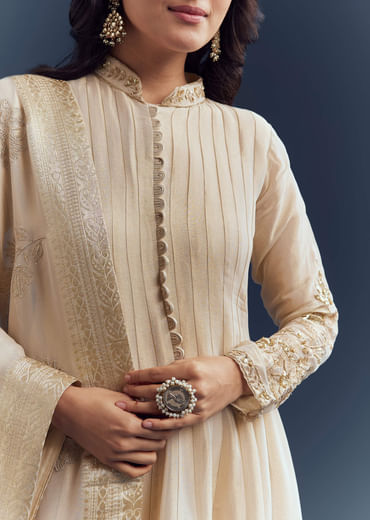 Beige Tissue Anarkali Suit With Delicate Zari Embroidery