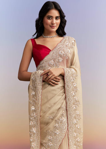 Beige Tissue Jacquard Saree With Heavy Hand Work