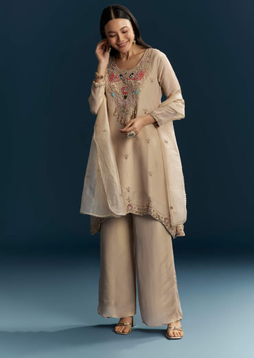 Beige Tissue Kurta Set With Zardosi And Patch Work