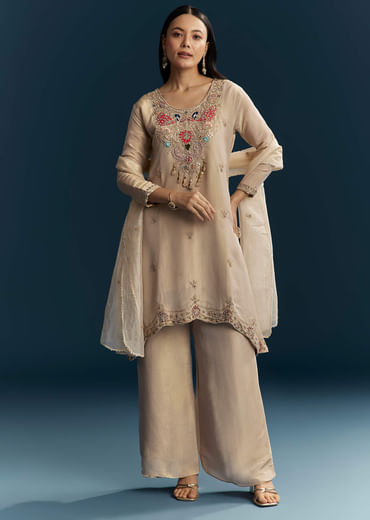 Beige Tissue Kurta Set With Zardosi And Patch Work