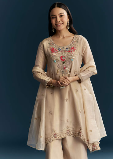 Beige Tissue Kurta Set With Zardosi And Patch Work