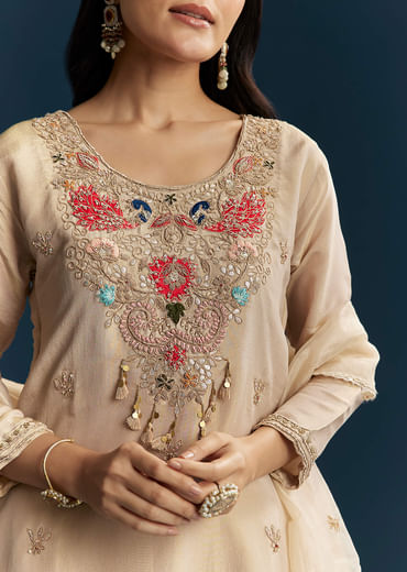Beige Tissue Kurta Set With Zardosi And Patch Work