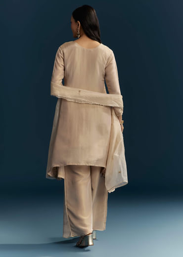 Beige Tissue Kurta Set With Zardosi And Patch Work