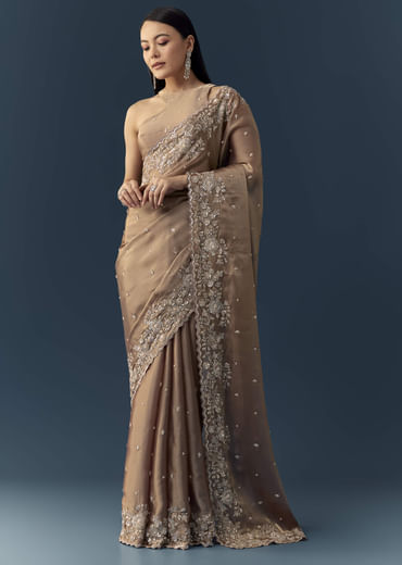 Beige Tissue Organza Cutdana Work Saree with Unstitched Blouse
