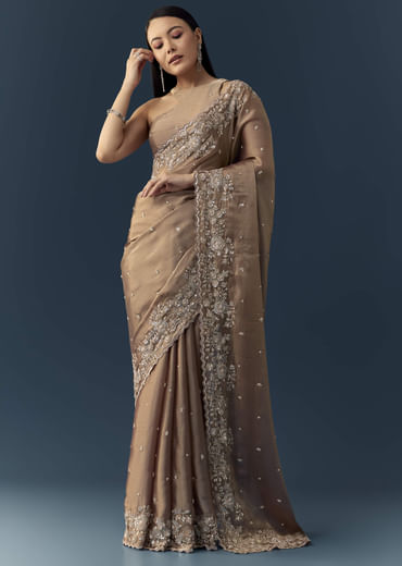 Beige Tissue Organza Cutdana Work Saree with Unstitched Blouse