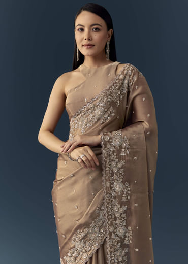 Beige Tissue Organza Cutdana Work Saree with Unstitched Blouse