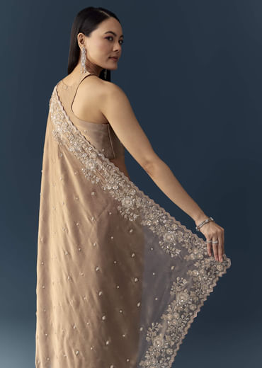 Beige Tissue Organza Cutdana Work Saree with Unstitched Blouse