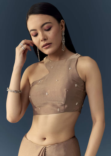 Beige Tissue Organza Cutdana Work Saree with Unstitched Blouse