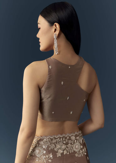 Beige Tissue Organza Cutdana Work Saree with Unstitched Blouse