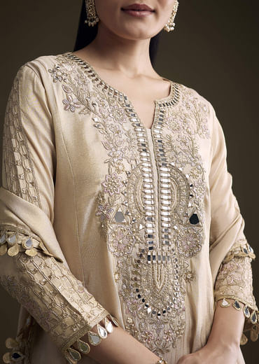 Beige Tissue Palazzo Suit With Mirror And Zari Embroidery