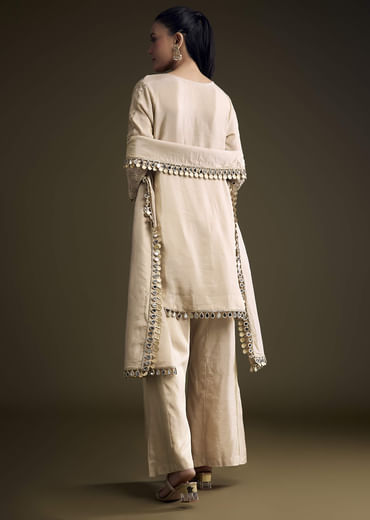Beige Tissue Palazzo Suit With Mirror And Zari Embroidery