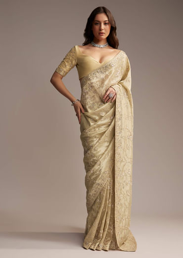 Beige Tissue Saree with Floral and Cutdana Embroidery
