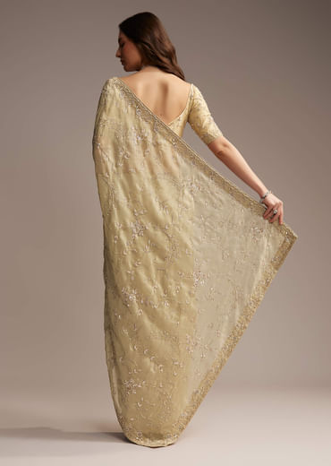 Beige Tissue Saree with Floral and Cutdana Embroidery