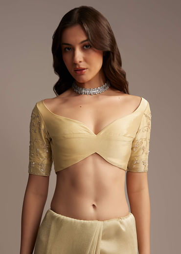 Beige Tissue Saree with Floral and Cutdana Embroidery