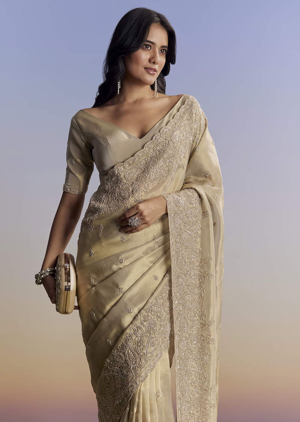 Beige Tissue Saree With Hand Embroidery With Cutdana And Sequins