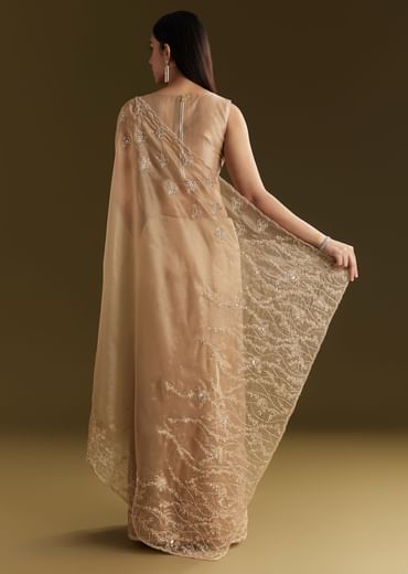 Beige Tissue Saree With Heavy Cutdana And Beads Embroidery