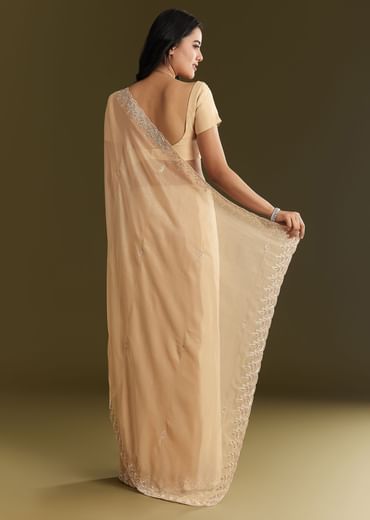 Beige Tissue Saree With Leaf Motif Embroidery In Sequins And Cutdana