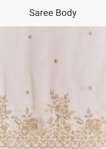 Beige Tissue Saree With Scallop Border And All Over Floral Embroidery