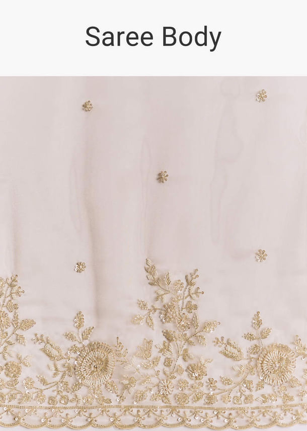 Beige Tissue Saree With Scallop Border And All Over Floral Embroidery
