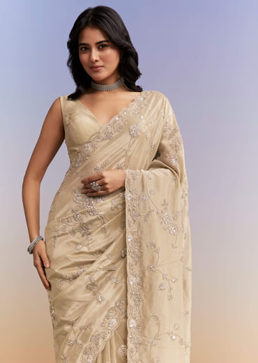 Beige Tissue Silk Saree With Heavy Hand Work