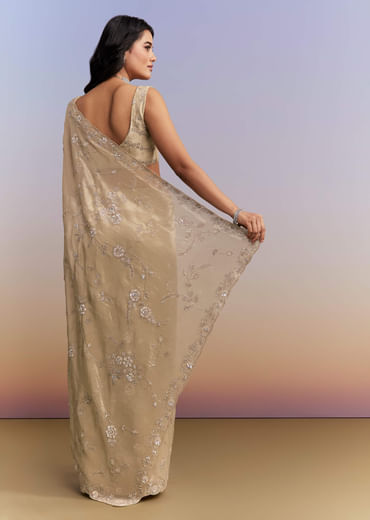 Beige Tissue Silk Saree With Heavy Hand Work