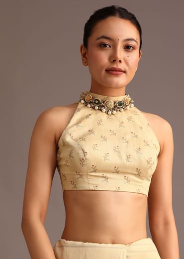 Beige Tussar Floral Printed Saree With Mirror Embellished Scallop Border