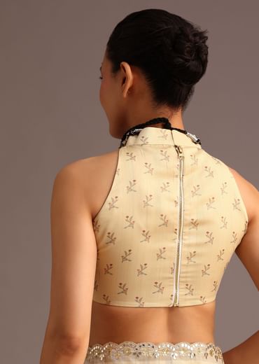 Beige Tussar Floral Printed Saree With Mirror Embellished Scallop Border