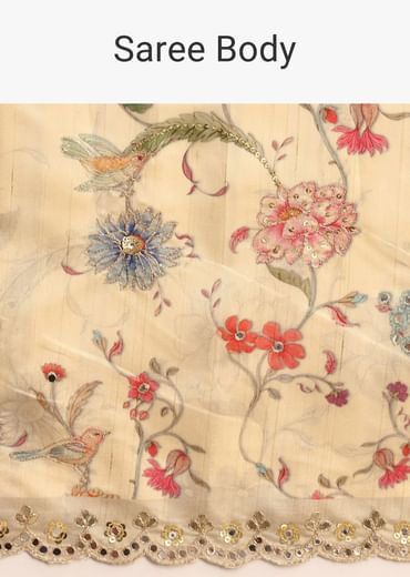 Beige Tussar Floral Printed Saree With Mirror Embellished Scallop Border