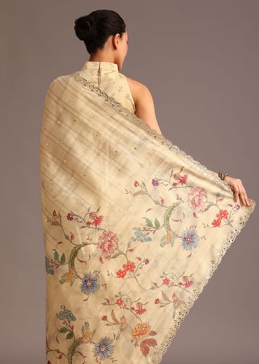 Beige Tussar Floral Printed Saree With Mirror Embellished Scallop Border