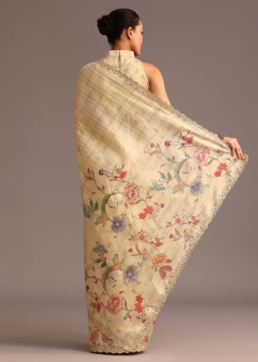 Beige Tussar Floral Printed Saree With Mirror Embellished Scallop Border