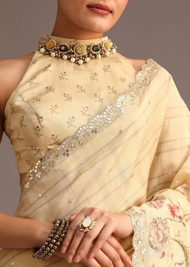 Beige Tussar Floral Printed Saree With Mirror Embellished Scallop Border