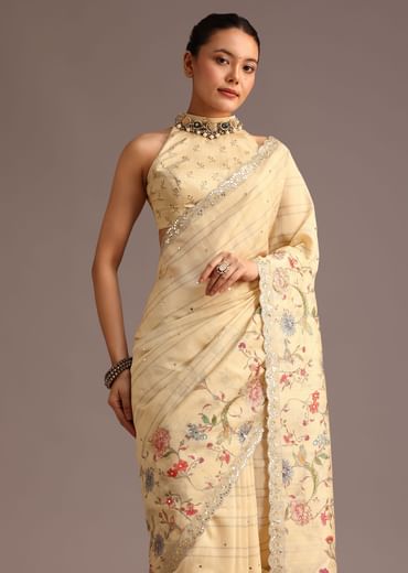 Beige Tussar Floral Printed Saree With Mirror Embellished Scallop Border