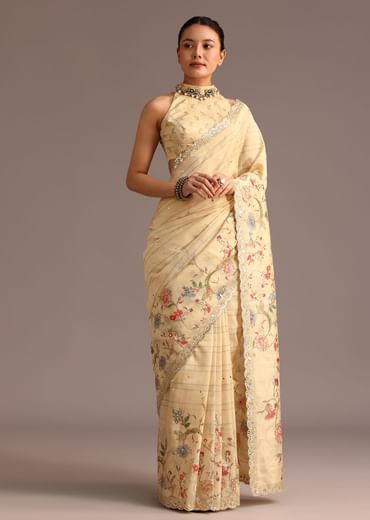 Beige Tussar Floral Printed Saree With Mirror Embellished Scallop Border