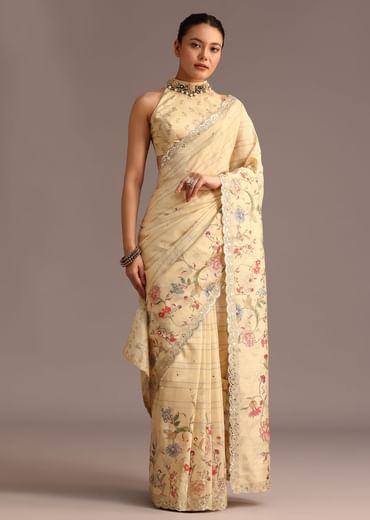 Beige Tussar Floral Printed Saree With Mirror Embellished Scallop Border