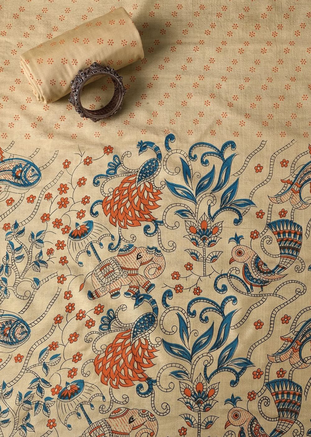 Beige And Blue Madhubani Block Print Unstitched Salwar Suit