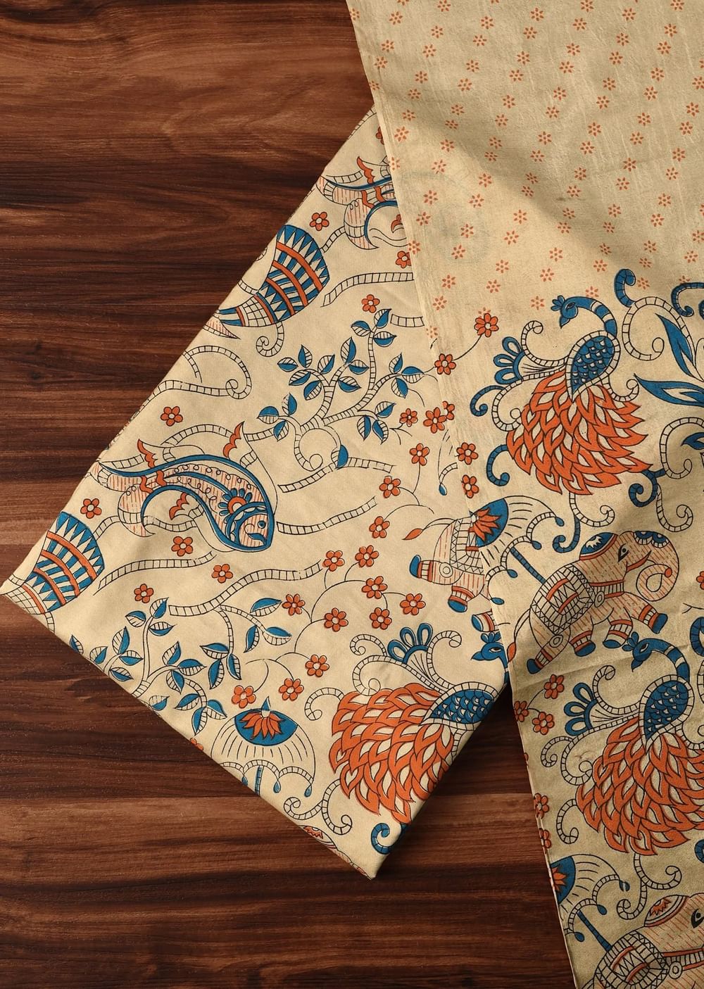 Beige And Blue Madhubani Block Print Unstitched Salwar Suit