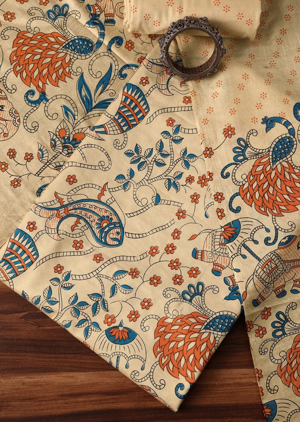 Beige And Blue Madhubani Block Print Unstitched Salwar Suit