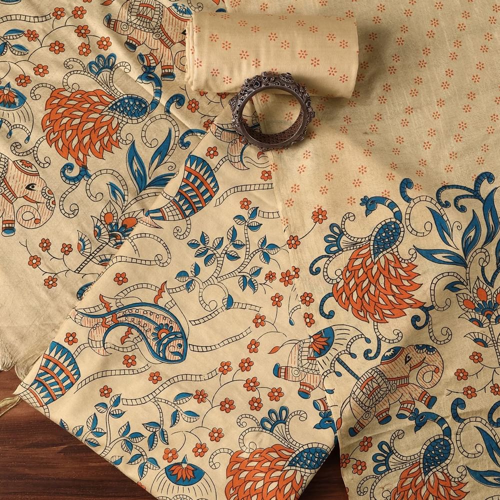 Beige And Blue Madhubani Block Print Unstitched Salwar Suit