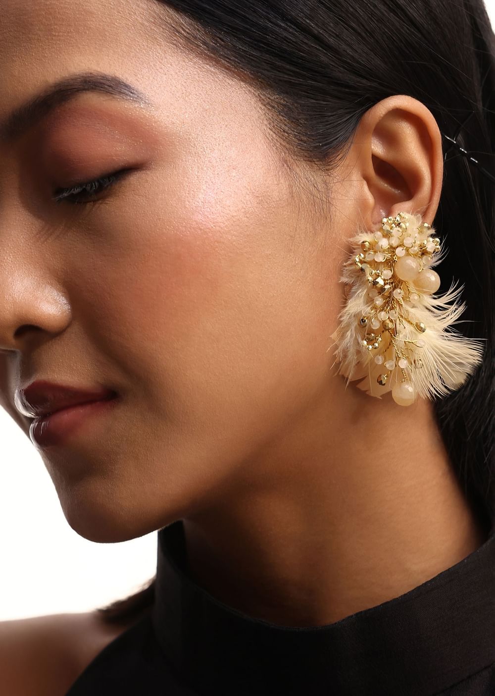 Beige And Gold Handcrafted Stud Earrings In Mix Metal