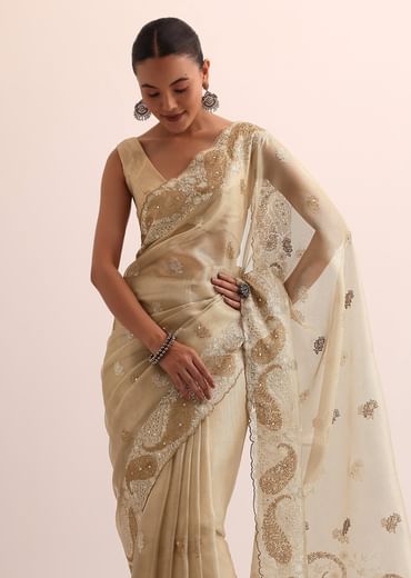 Beige Chanderi Silk Saree With Thread Work And Unstitched Blouse