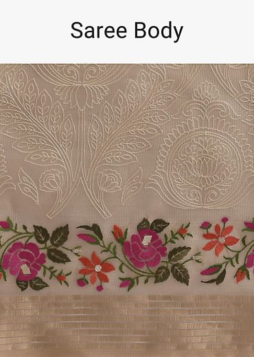 Beige Gold Chanderi Silk Saree With Thread Work And Unstitched Blouse Beige Gold Chanderi Silk Saree With Thread Work And Unstitched Blouse