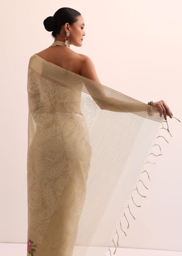 Beige Gold Chanderi Silk Saree With Thread Work And Unstitched Blouse Beige Gold Chanderi Silk Saree With Thread Work And Unstitched Blouse