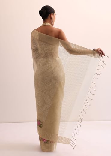 Beige Gold Chanderi Silk Saree With Thread Work And Unstitched Blouse Beige Gold Chanderi Silk Saree With Thread Work And Unstitched Blouse